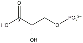 Molecule of 2-phosphoglyceric acid with a chiral center marked by an asterisk.