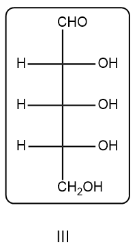 Fischer projection of a deoxy sugar with 5 carbons, labeled III.