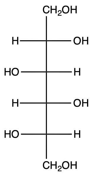 Structural formula of a second product from D-sorbose reduction, similar to D-gulitol.