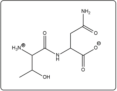 Skeletal formula of the peptide Thr—Asp, showing amino acid structures.