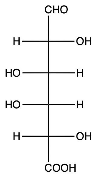 Structure of D-galactonic acid, formed from D-galactose oxidation.