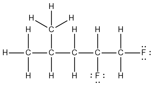 Lewis structure of a carbon chain with fluorine atoms and hydrogen bonds.