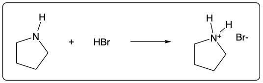 Reaction diagram showing amine and HBr forming a protonated amine and bromide ion.