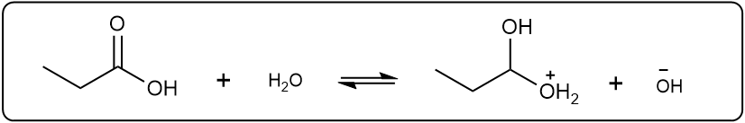 Chemical equation for propanoic acid ionization in water, showing reactants and products.