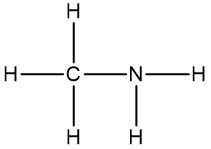 Structural formula of methylamine (CH5N) showing carbon and nitrogen atoms with hydrogen bonds.