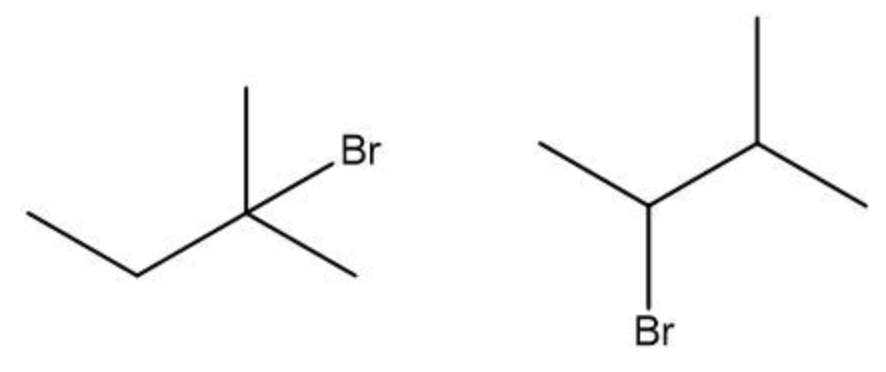 Two structural formulas of branched alkanes showing different positions of a bromine substituent on the carbon chain.