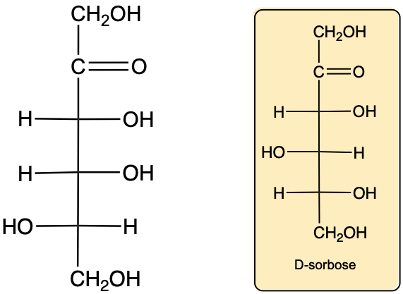Structural formulas of a carbohydrate molecule and D-sorbose, highlighting differences in hydroxyl group positions.