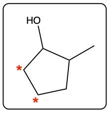 Chemical structure with two chiral centers marked at the bottom with red asterisks.