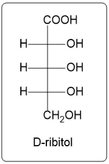 Fischer projection of D-ribose with a carboxylic acid group, indicating mild oxidation.