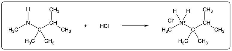 Chemical reaction of an amine with HCl, showing the formation of a charged ammonium compound.