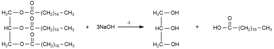 Balanced equation for saponification of glyceryl tristearate with 3 NaOH.