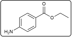 Condensed structural formula of benzocaine with an ester and amino group.