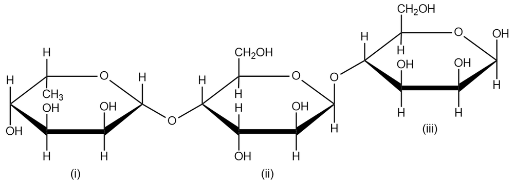 Fischer projections of three monosaccharides from a trisaccharide hydrolysis.