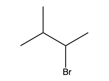 Skeletal formula of 1-bromo-3-methylbutane, illustrating the carbon structure with bromine attached.