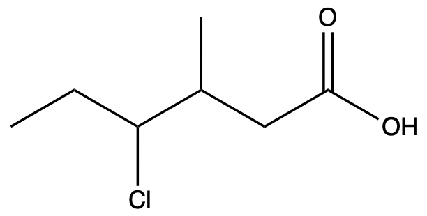 Line-angle formula for 3-chloro-4-methylhexanoic acid, showing chlorine and carboxylic acid functional groups.