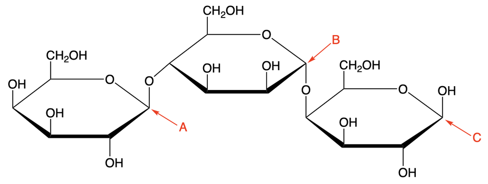 Chemical structure of a trisaccharide with labels A, B, and C indicating linkages.