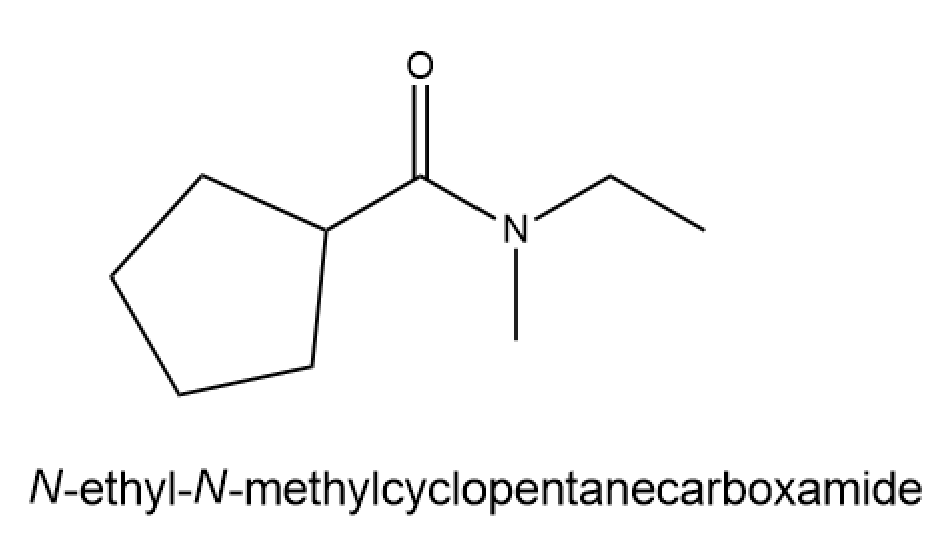 Structure of N-ethyl-N-methylcyclopentanecarboxamide for amide hydrolysis.