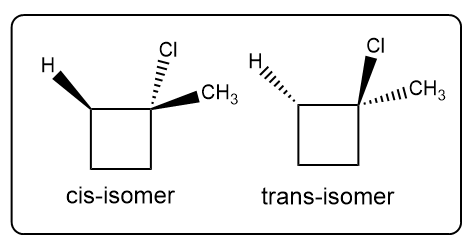 Cis and trans isomers of 1-chloro-1-methylcyclobutane, showing different spatial arrangements.