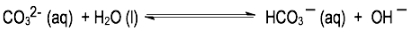 Chemical equation showing carbonate reacting with water to form bicarbonate and hydroxide.