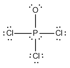 Lewis Dot Structure for POCl3 with single bonds and lone pairs.