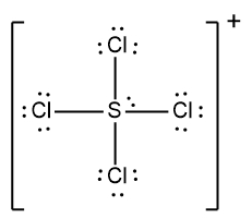 Lewis Dot Structure for SCl4 with a + charge, showing sulfur and four chlorine atoms.