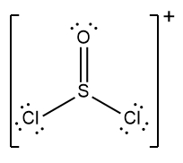 Lewis Dot Structure of SOCl2 with a positive charge indicated.