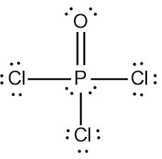 Lewis Dot Structure for POCl3 with single bonds and lone pairs.