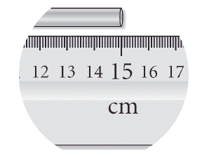A ruler showing the measurement of a metal bar at 15 cm, relevant to significant figures in chemistry.