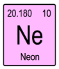 Square pink tile showing the element Neon with atomic number 10 and atomic mass 20.180.