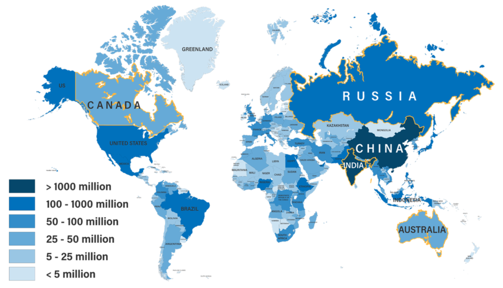 World map showing population distribution by country using color gradients from light to dark blue.