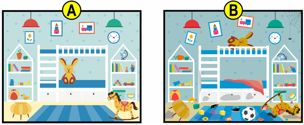Two side-by-side children's rooms labeled A and B; A is tidy, B is messy with scattered toys and a spider web.