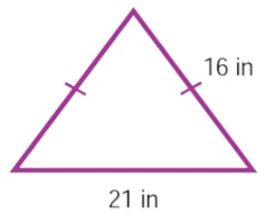 Isosceles triangle with two equal sides of 16 inches and a base of 21 inches labeled for perimeter calculation.