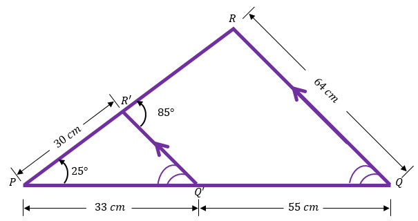 Two similar triangles with side lengths and angles labeled, showing corresponding angles and measurements in centimeters.