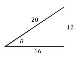 Right triangle with sides 12, 16, hypotenuse 20, and angle theta opposite side 12.