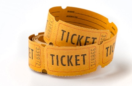 A roll of orange raffle tickets with spaces for name and address, used for fundraising.