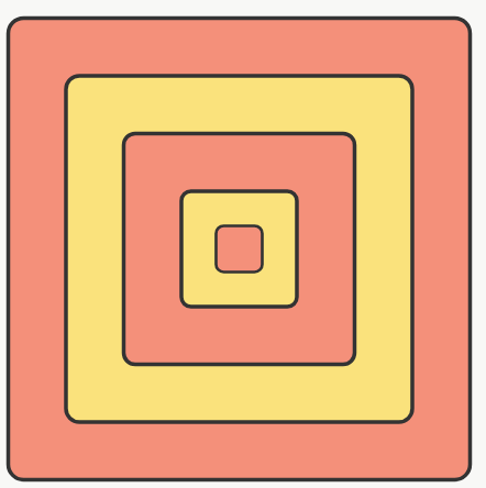 Concentric squares alternating in coral and yellow colors, decreasing in size toward the center in a repeating pattern.
