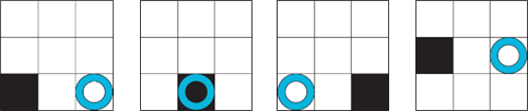 Four 4x4 grids showing a pattern of black squares and a blue circle moving diagonally upward to the right.