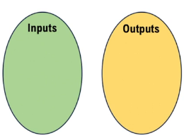Two labeled ovals side by side: green for Inputs and yellow for Outputs, used to analyze a relation's function status.