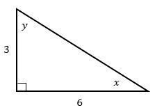Right triangle with legs 3 and 6 units, hypotenuse labeled y, and angle opposite 6 labeled x.