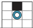 A 3x3 grid with a black square in the top-left corner and a blue circle in the center square.
