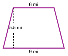 Trapezoid with parallel sides 6 mi and 9 mi, height 5.5 mi, labeled for area calculation.