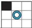Grid with a black square in the top left and a blue ring in the center, prompting pattern recognition.