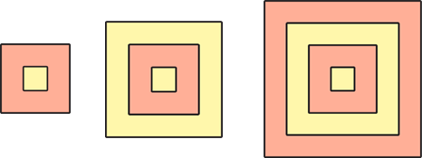 Three nested squares alternating peach and yellow colors, increasing in size from left to right, forming a pattern.