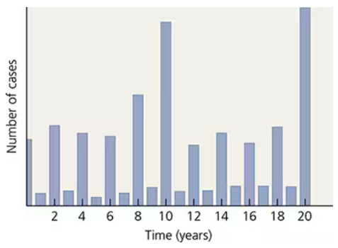 Bar graph showing flu case numbers fluctuating biennially over 20 years with peaks at years 10 and 20.