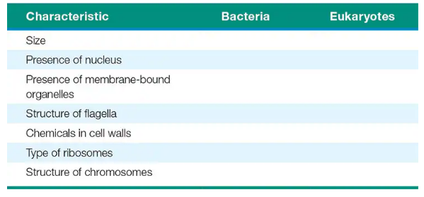 Table comparing characteristics of bacteria and eukaryotes, including size, nucleus, organelles, flagella, cell wall chemicals, ribosomes, and chromosomes.
