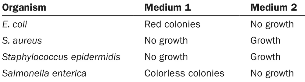 Table showing growth results of four bacteria on two media; Medium 1 supports red or colorless colonies, Medium 2 supports growth of S. aureus and S. epidermidis only.