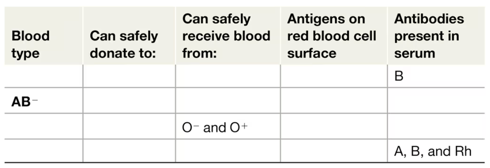 Partial table showing blood type AB negative with safe blood donors O negative and O positive, and antibodies B, A, B, and Rh present.