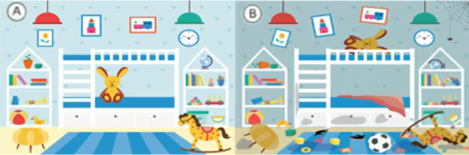 Two side-by-side children's rooms: one tidy with toys organized, the other messy with scattered toys and a pet on the bed.