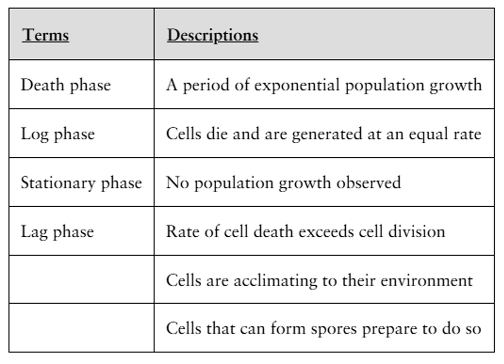Table matching microbial growth phases to their descriptions, with some mismatched definitions included.