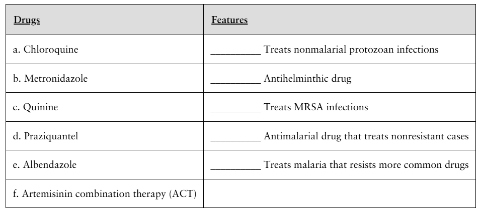 Table listing antimicrobial drugs with blank spaces to match each to its specific feature or treatment use.